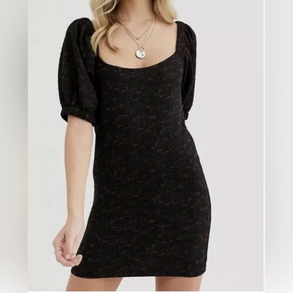 NWT Free People Sunset Mini Dress with Puff Sleeves, Black, X-Small